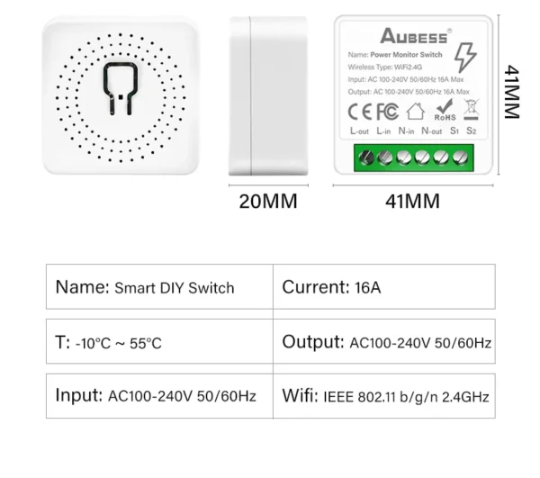 16A WiFi Tuya interruptor inteligente Mini módulo de interruptor de 2 vías con Monitor de energía Control de hogar inteligente a través de Alexa Google Alice SmartLife - Imagen 5