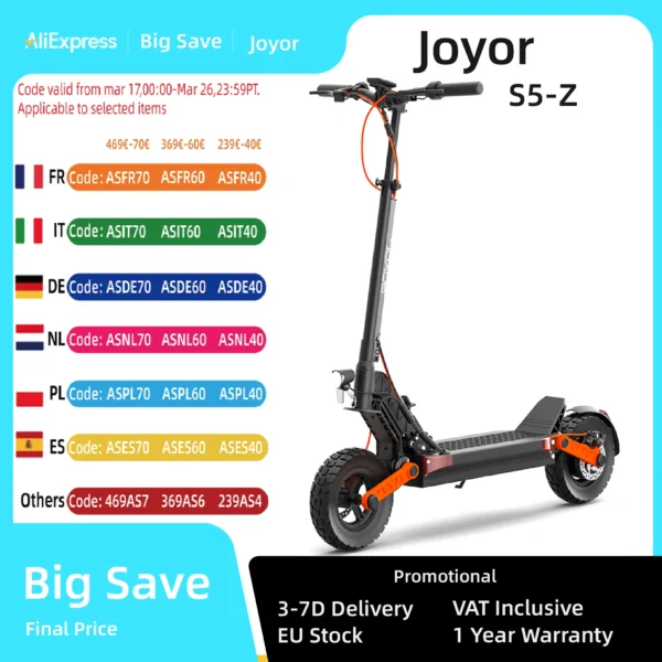 JOYOR-patinete eléctrico S5Z para adulto, Scooter con Motor de 600W, 48V, 13Ah, altura ajustable, plegable, neumáticos de 10x3,0 pulgadas