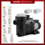 Bomba para piscina VEVOR 230V Motor de 1HP de 750W en/sobre el suelo entrada/salida 52,6 pies / 47,6 pies silencioso para agua limpia de piscina
