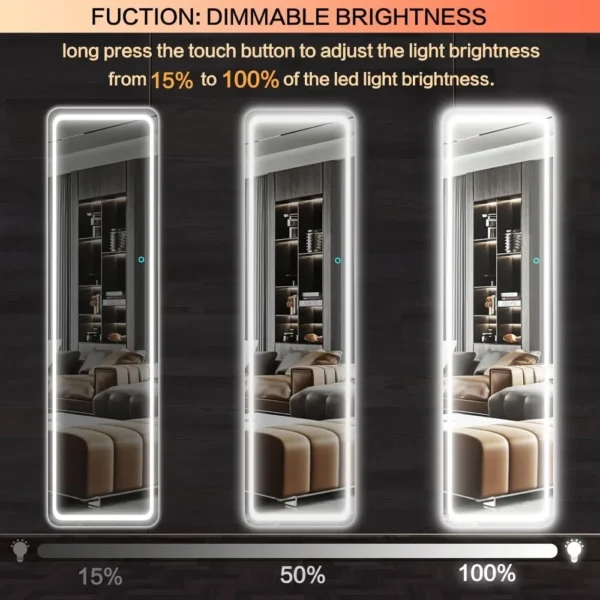 Espejo de suelo independiente LED con atenuación y iluminación de 3 colores para dormitorio (blanco), espejo grande, espejos de cuerpo completo, muebles para sala de estar - Imagen 3