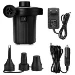 KROWN - Bomba de Aire Electrica Inflador Electrico Deflactor Hinchadora Mini Compresor 3 Boquillas Enchufe 2 Pin EU / Coche Negro para Inflar Colchón Piscinas, Barcos, Juguetes Hinchable o Camping, 240V AC / 12V DC