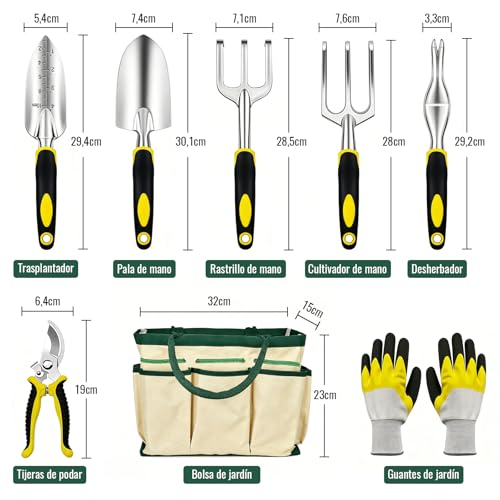 8 Piezas Juego de Herramientas de Jardín - Kit de Jardinería con Bolsa, Trasplantadora,