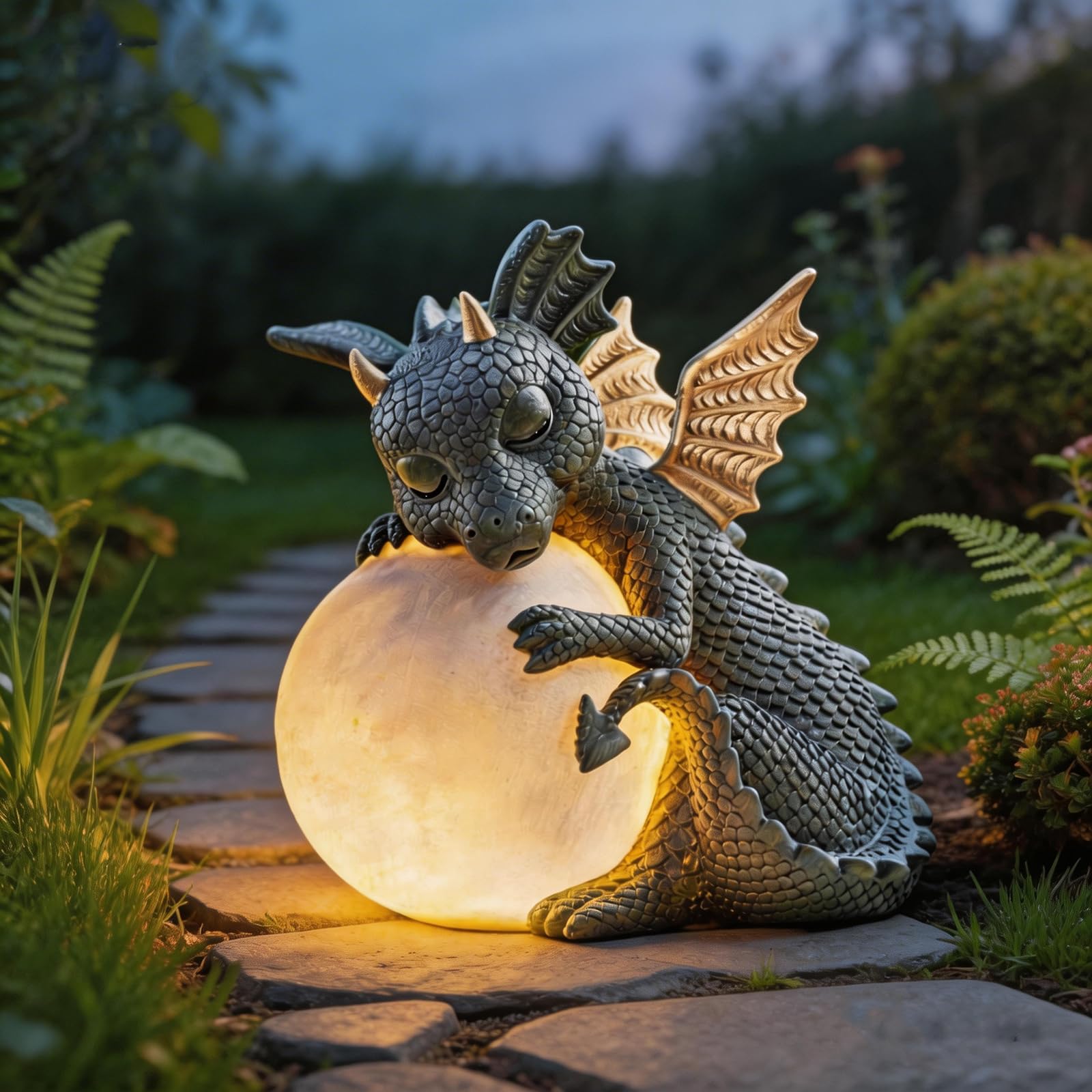 Figura Decorativa Dragon con Luz Redonda, Figuras de Dragones para Decoración de Jardín