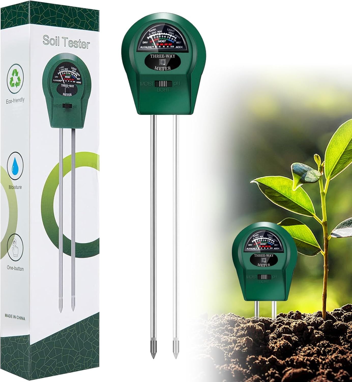 3 en 1 Medidor Humedad Plantas, Medidor PH Tierra, Medidor de Humedad/Luz/PH del Suelo,