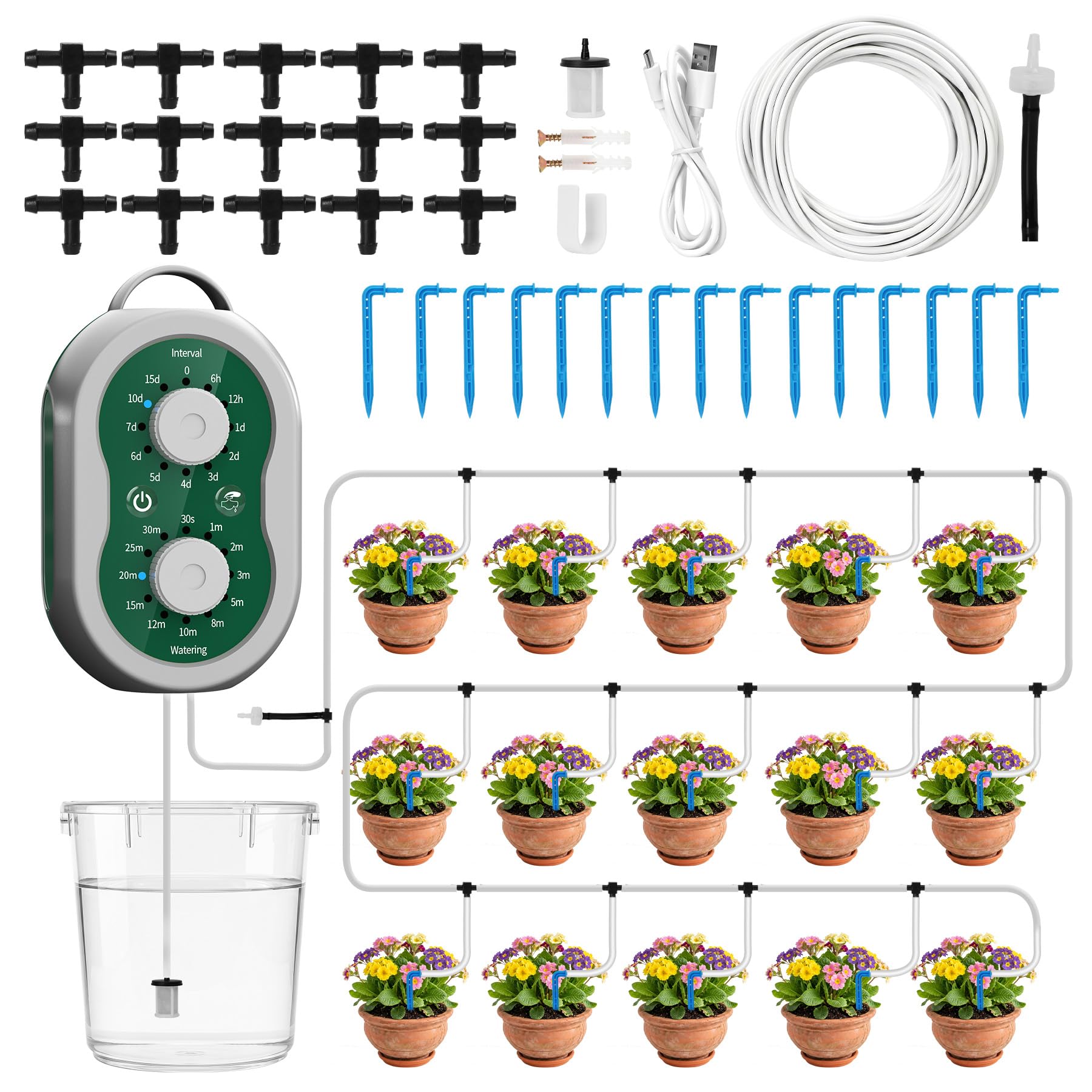 Kit Riego por Goteo Automático Recargable Sistema de Riego por Goteo 132 Modos para 15