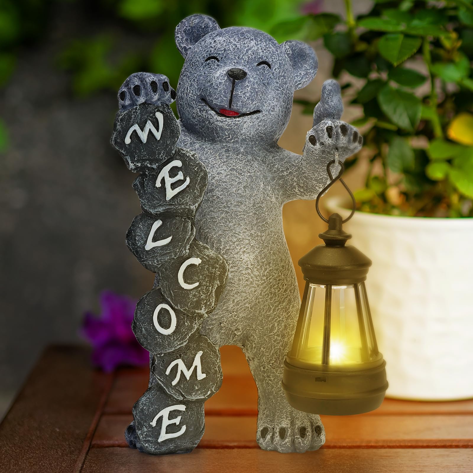 Cuteefun Oso Gris Solar Jardín Estatua Ornamento al Aire Libre, Figuras de Animales de