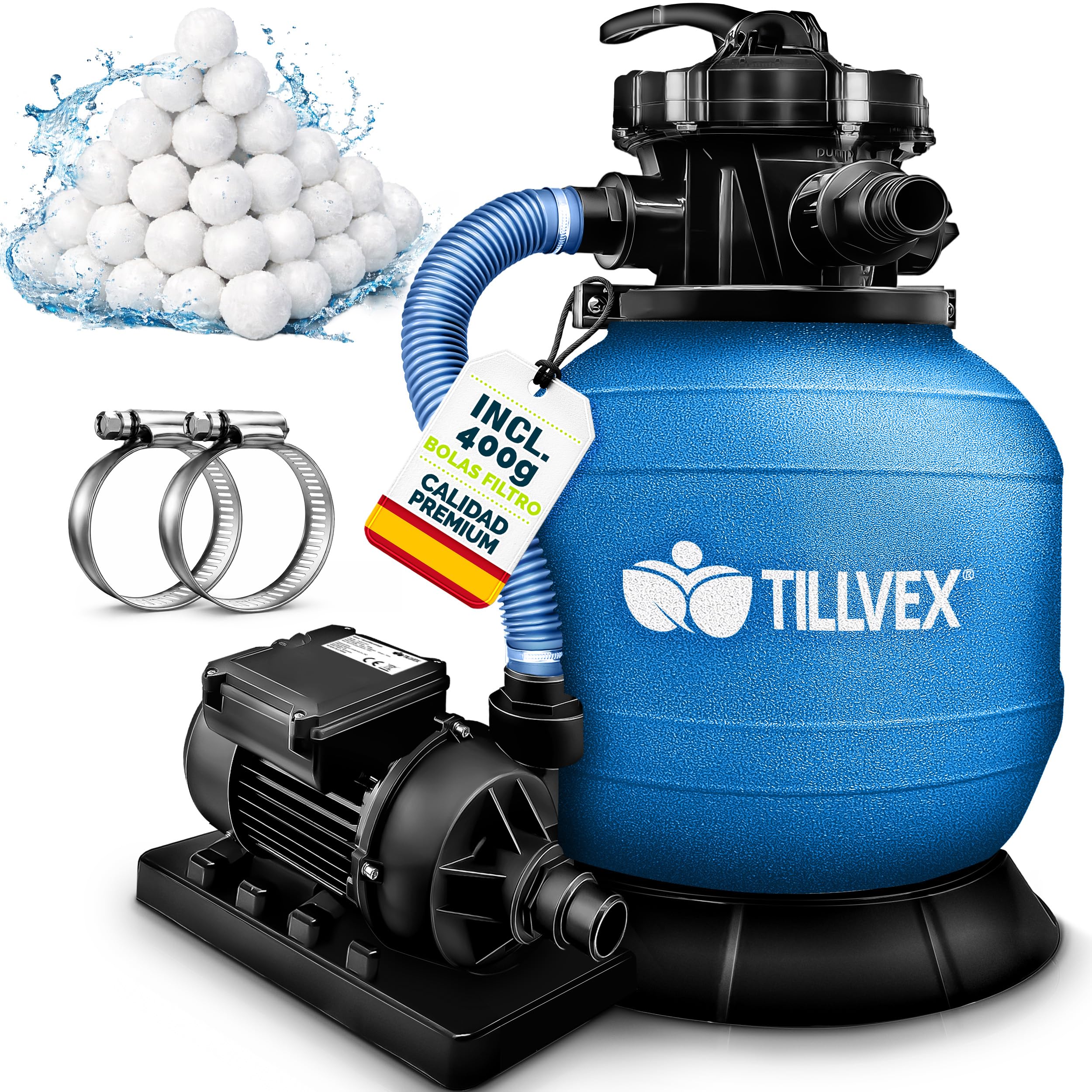 tillvex Depuradora de Agua para Piscina 7.900L/h + 400g Bolas de Filtro 7 Funciones de