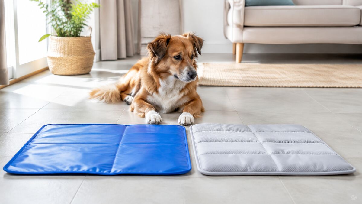 Perro comparando una alfombrilla refrigerante de gel y otra de tejido