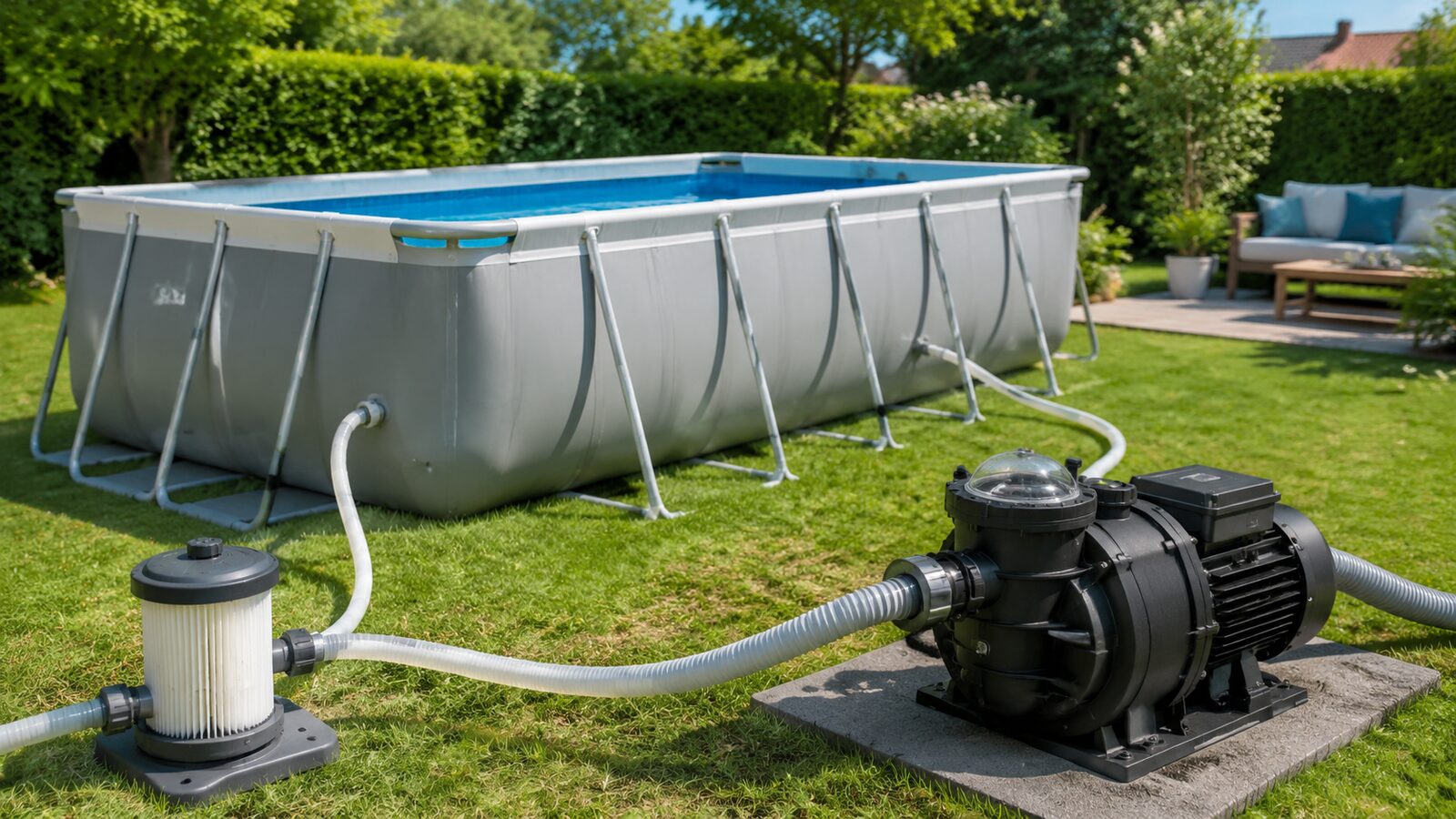 Piscina desmontable mediana con depuradora compacta y una bomba grande para comparar escalas