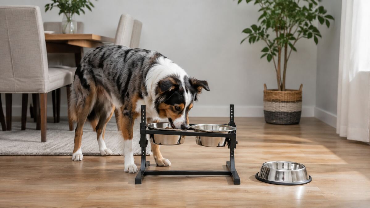 Perro usando un comedero elevado ajustable junto a un cuenco bajo