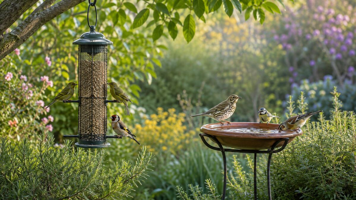 Comedero con semillas y bebedero para aves en un jardín con plantas