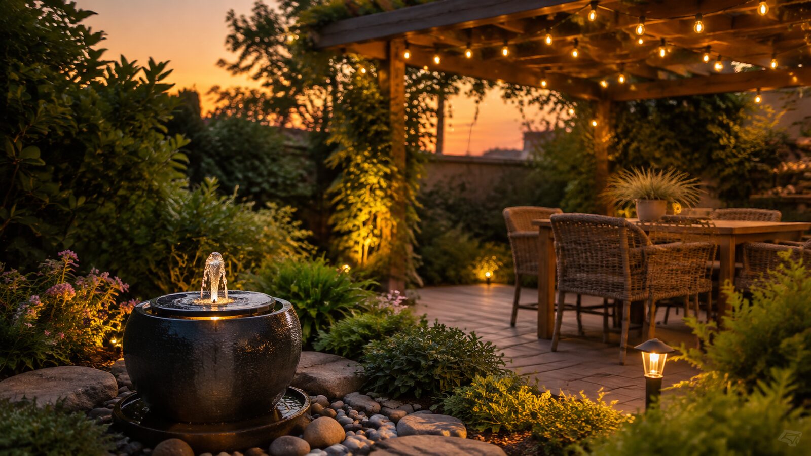 Terraza decorada con una fuente solar y guirnaldas de luz cálida