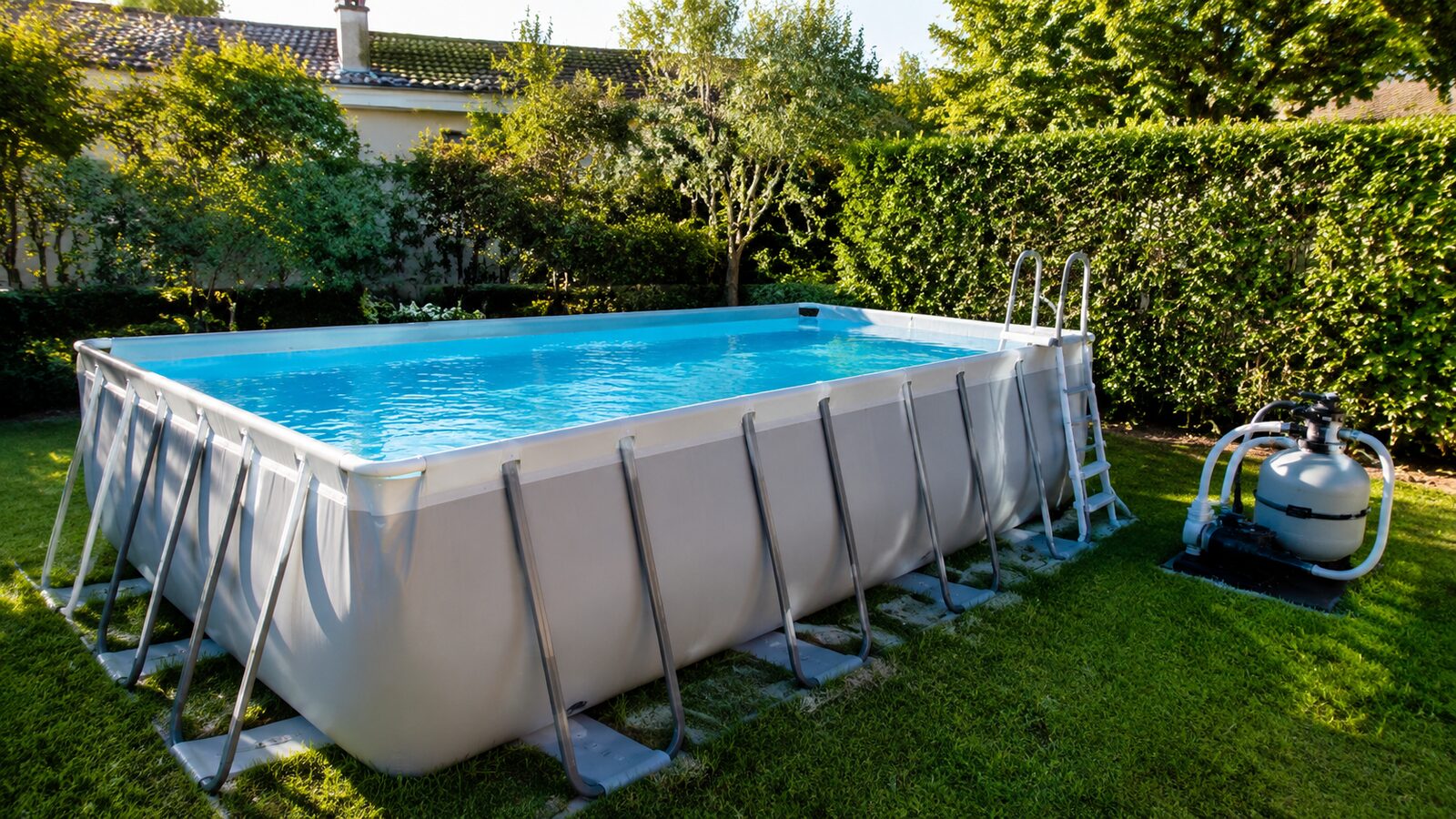 Piscina desmontable grande con depuradora de arena instalada en el jardín