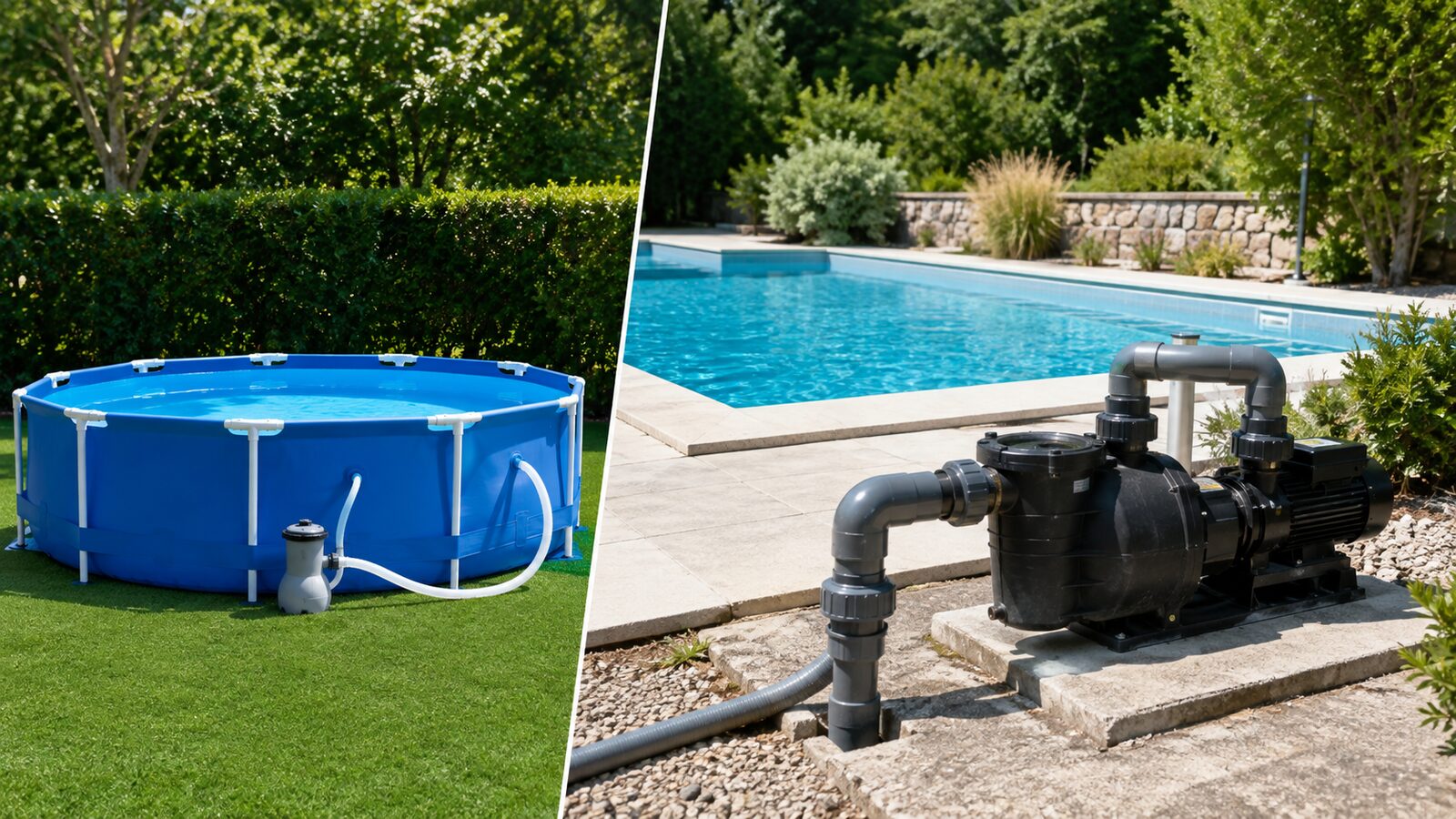 Piscina pequeña con depuradora compacta y bomba potente instalada en una piscina grande