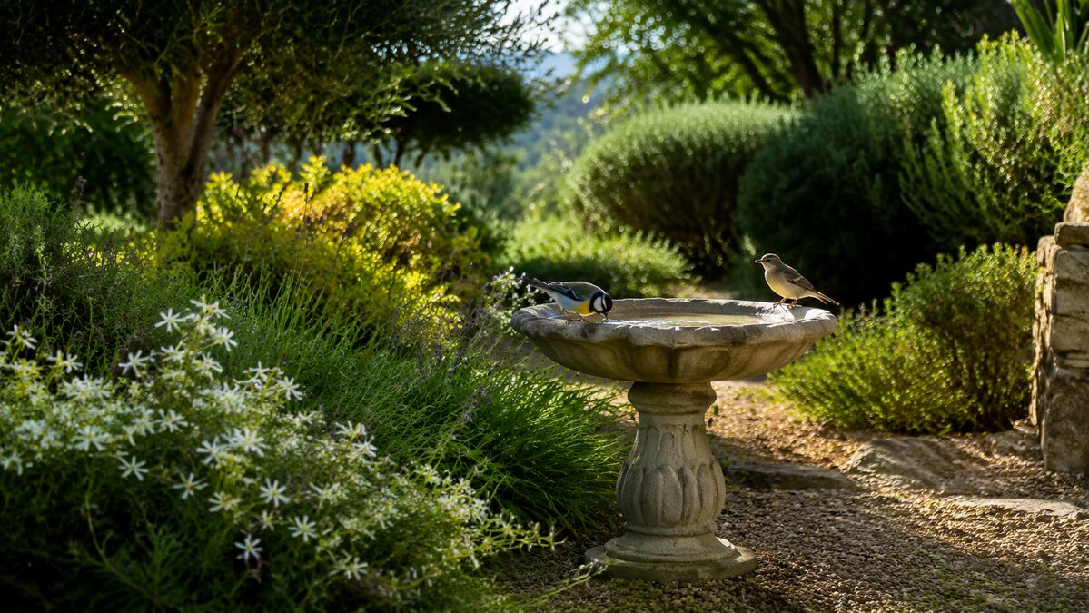 Bebedero para pájaros colocado entre plantas en un jardín