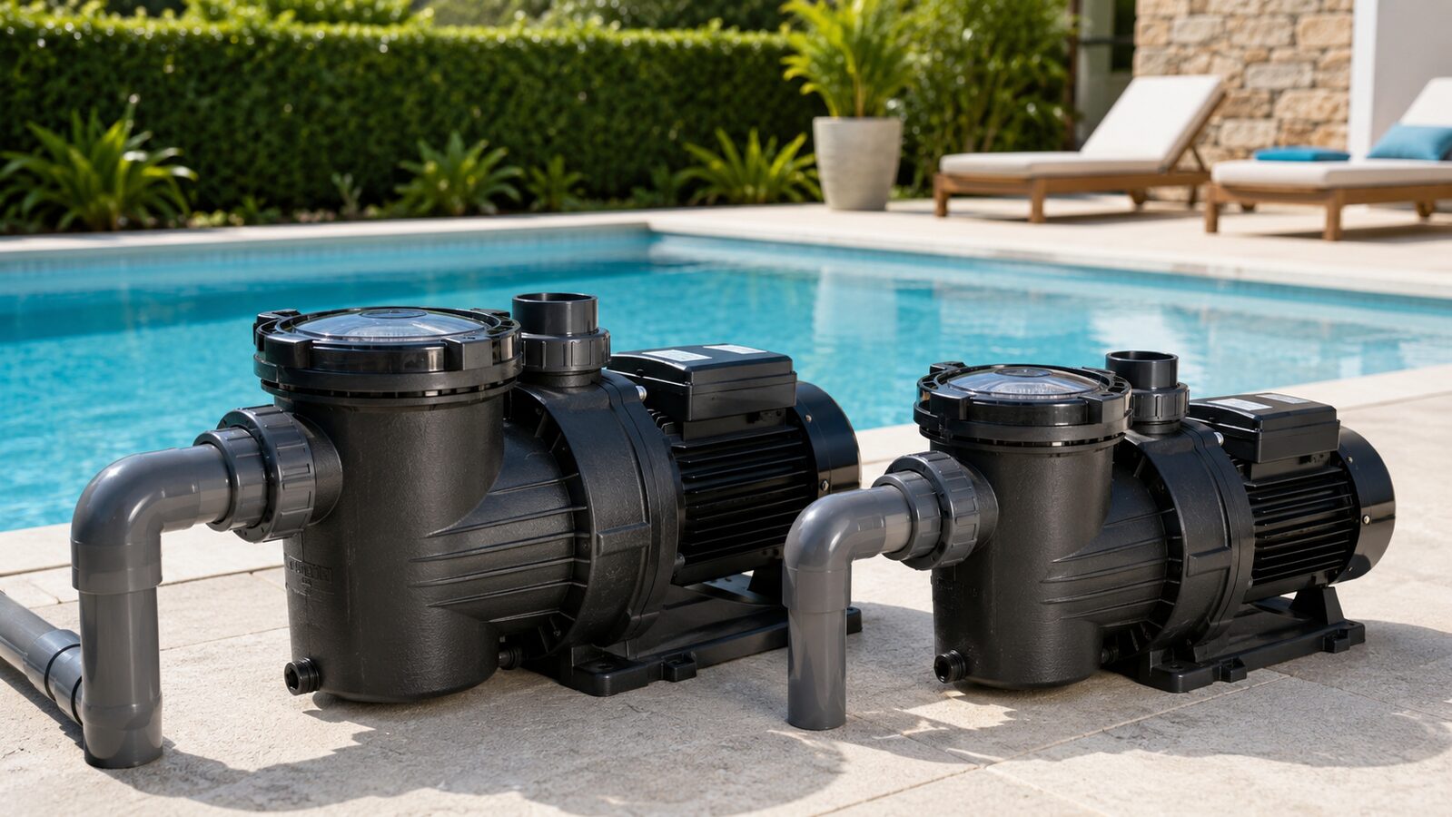 Dos bombas de piscina de distinto caudal junto a una piscina