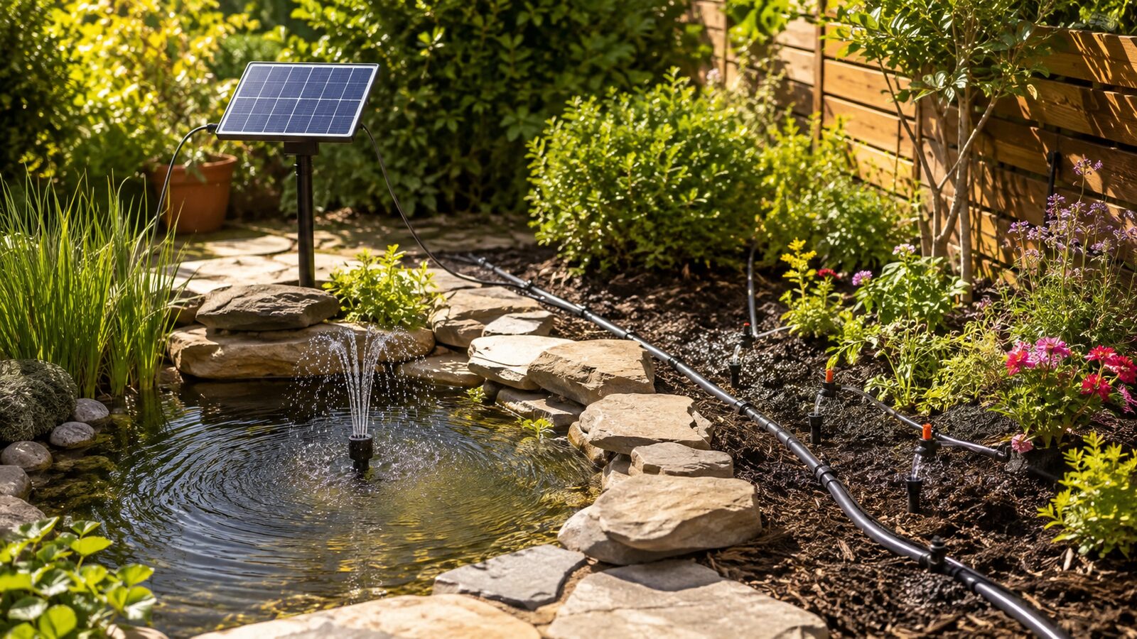 Estanque con fuente solar y sistema independiente de riego por goteo en un jardín