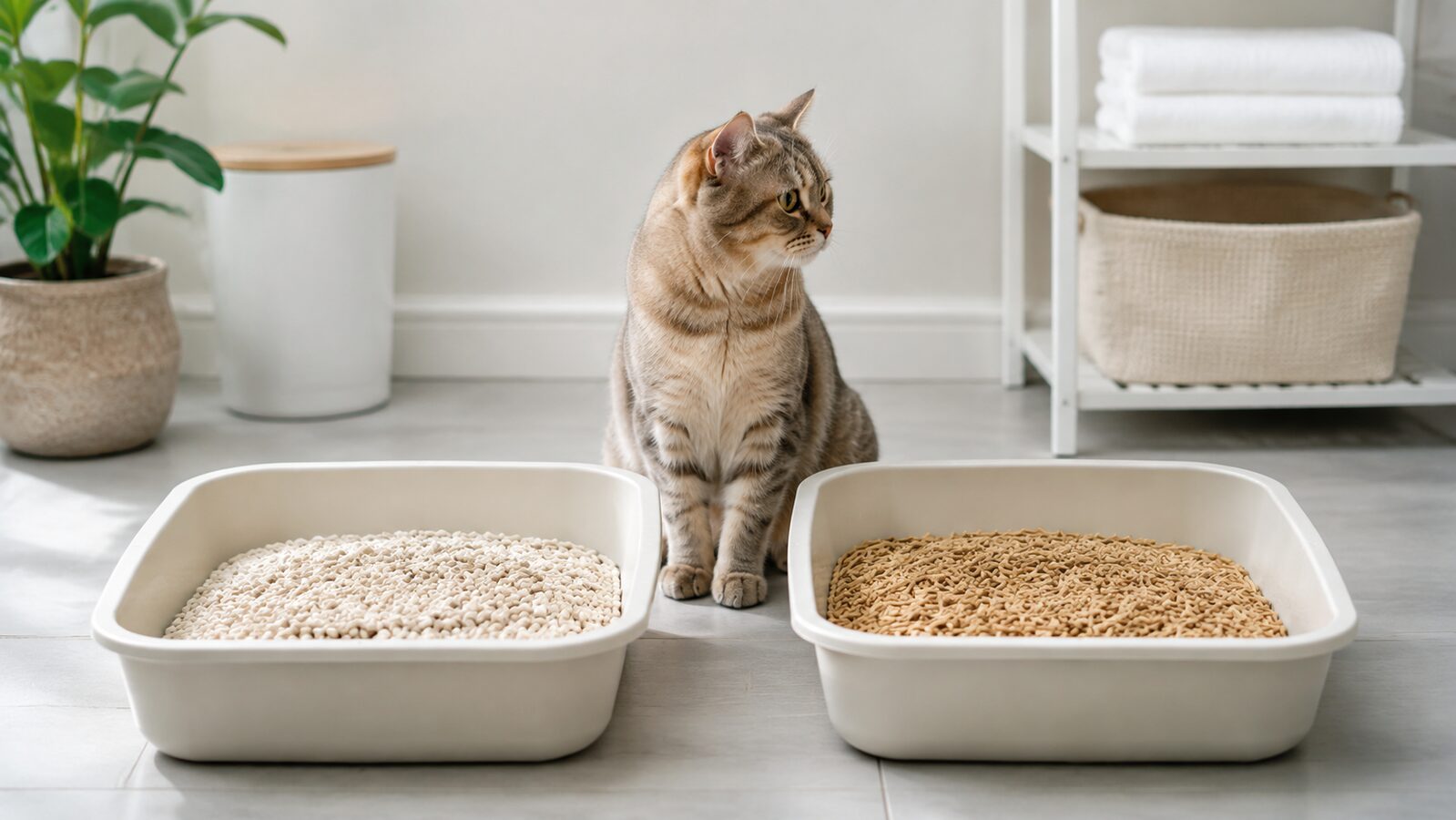 Arena de tofu y arena vegetal para gatos en dos bandejas