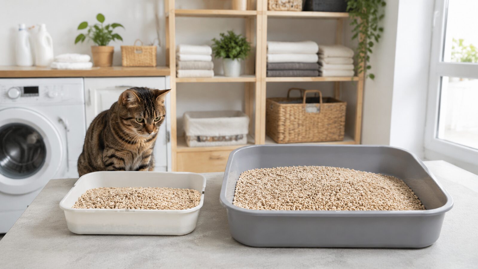 Comparación de formatos pequeño y grande de arena para gatos