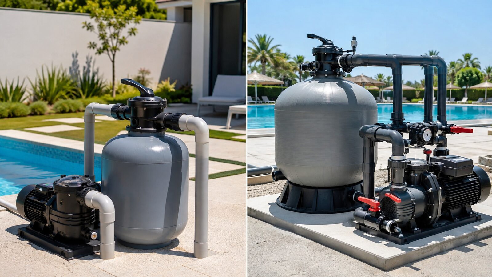 Filtro de arena compacto y equipo de filtración grande instalados junto a piscinas