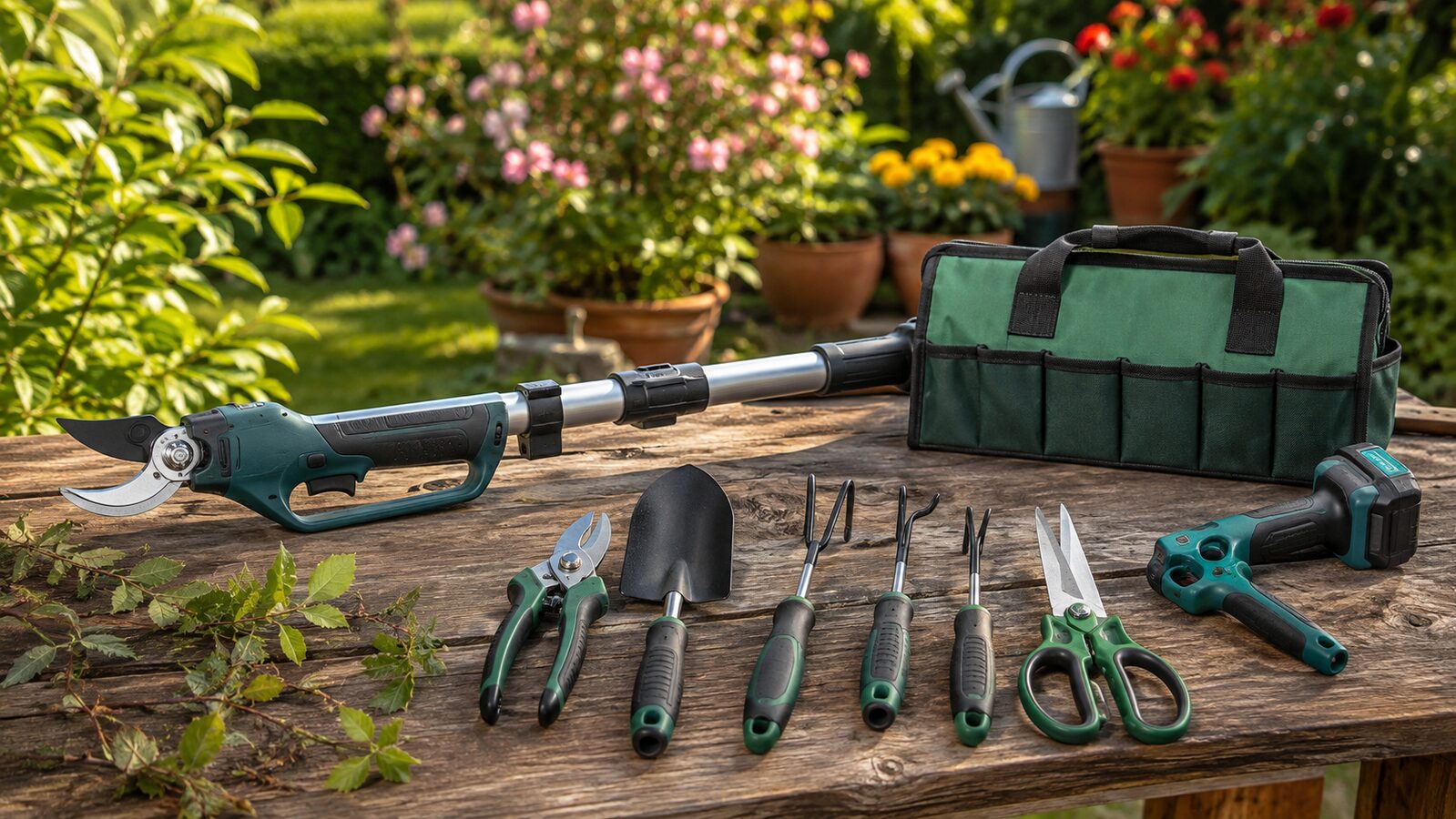 Tijeras telescópicas y kit de herramientas de jardín sobre una mesa