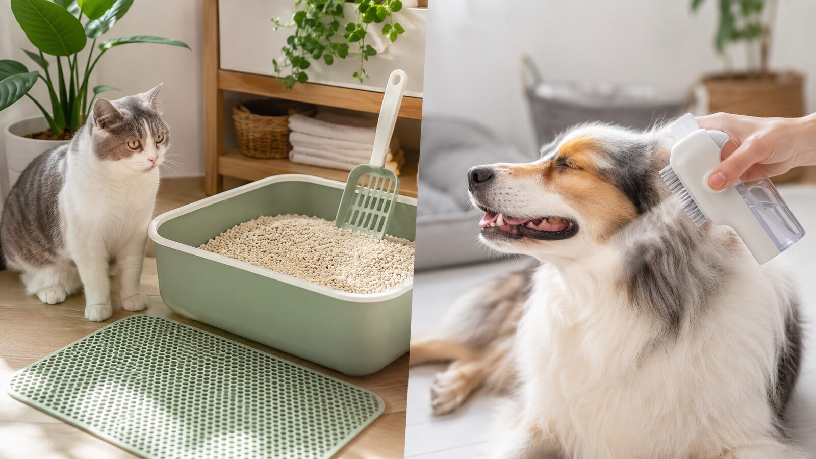 Limpieza con perros y gatos usando arena vegetal y cepillo de vapor