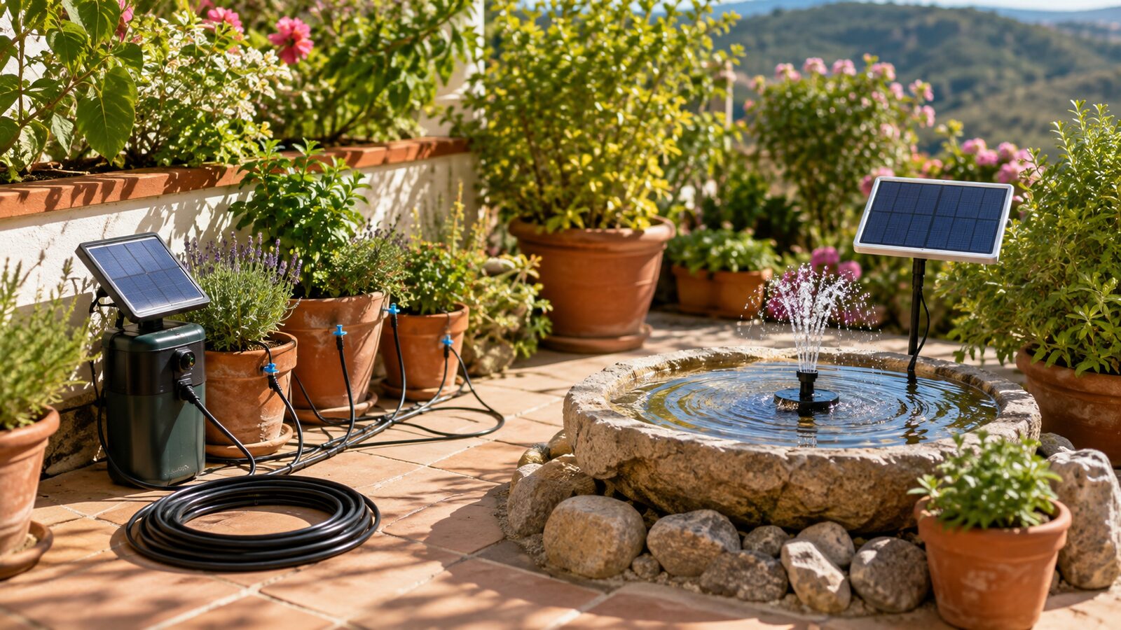 Jardín solar sin enchufes con riego automático y fuente solar
