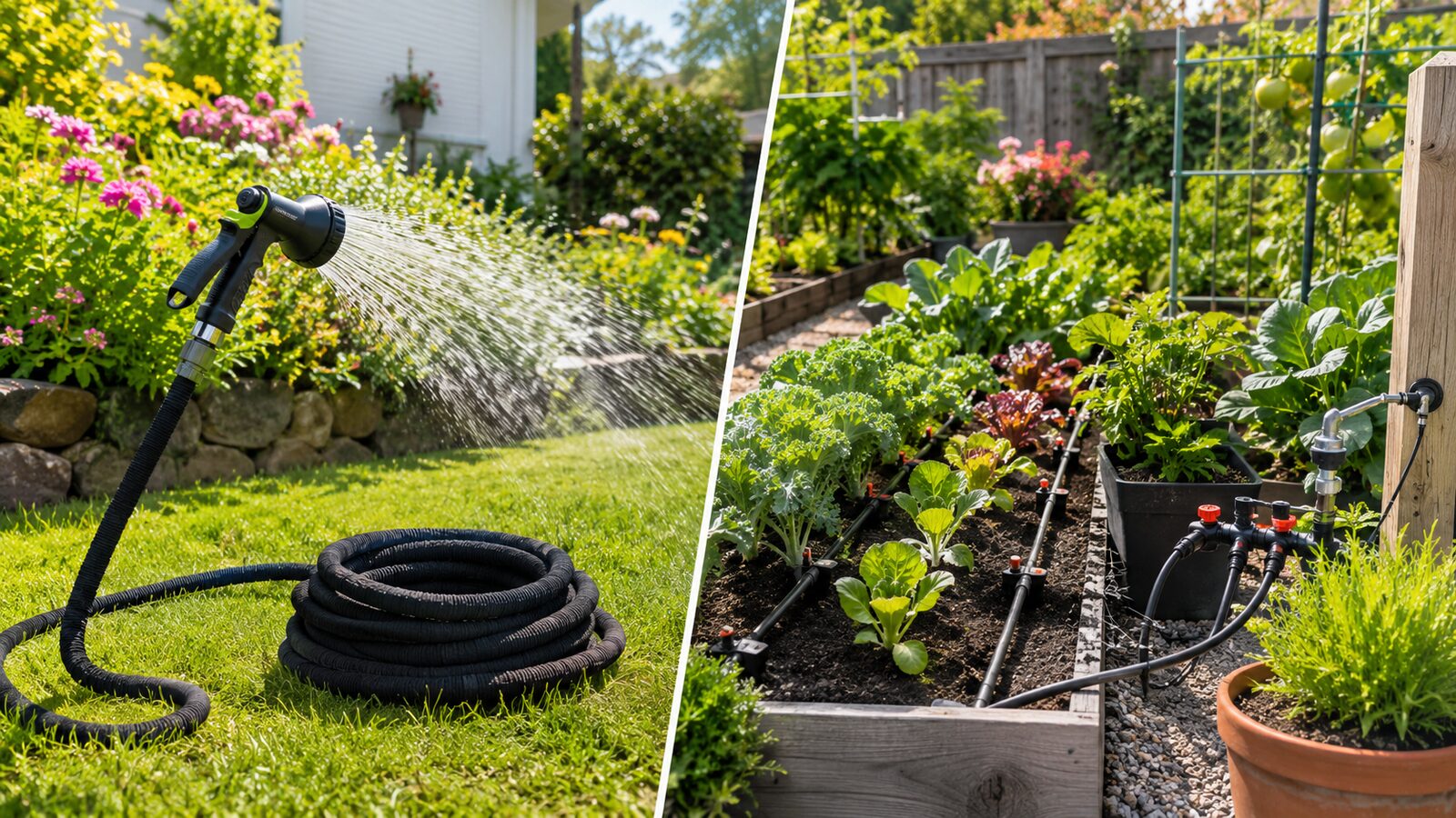 Manguera de jardín frente a sistema de riego por goteo automático