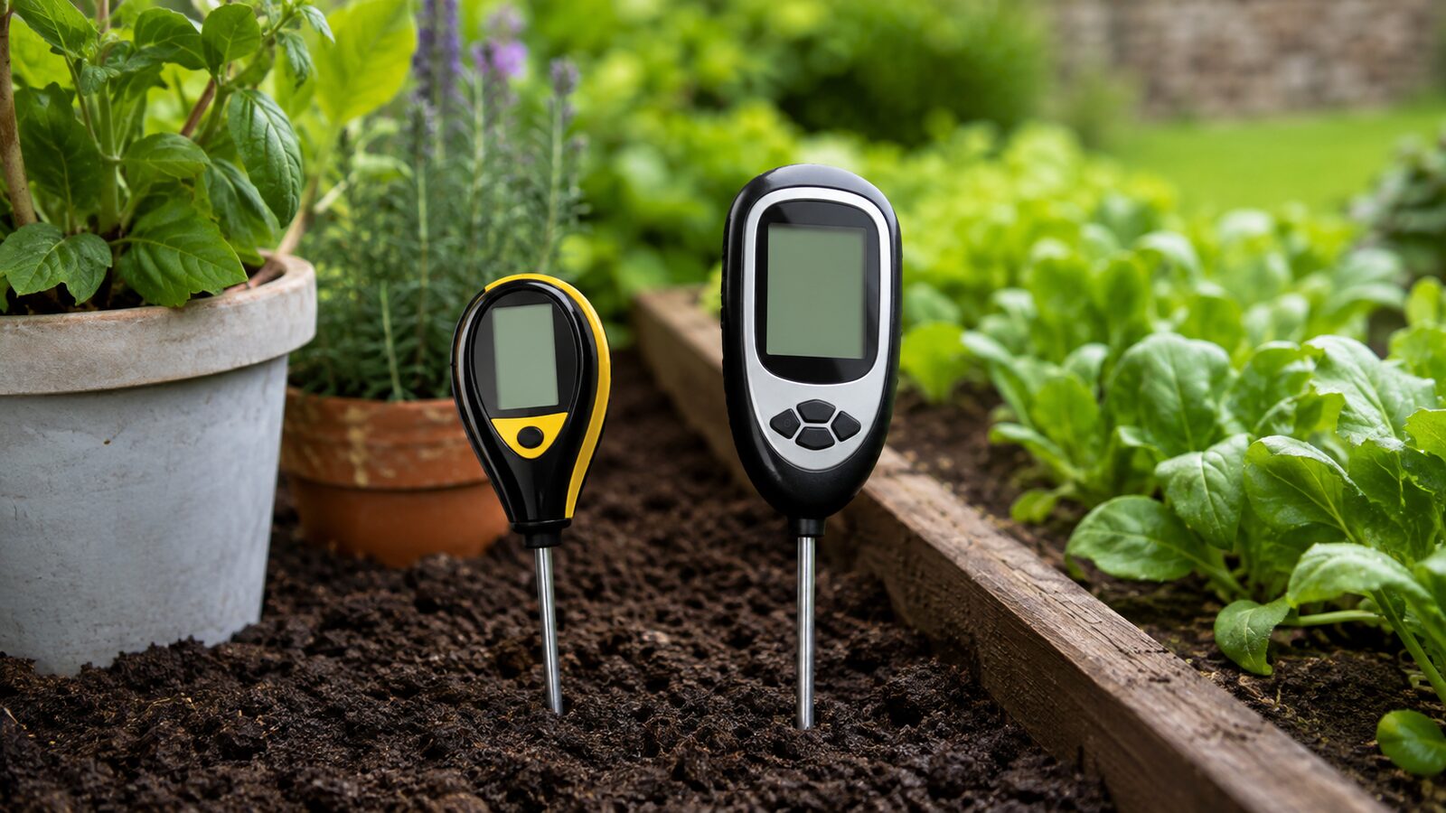 Dos medidores digitales de pH y humedad insertados en tierra de jardín