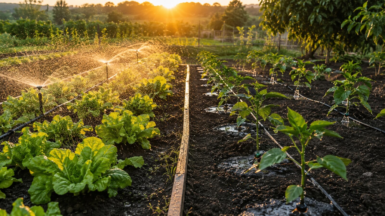 Huerto dividido entre una zona con microaspersores y otra con riego por goteo