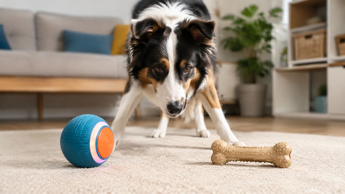 Perro eligiendo entre una pelota interactiva y un mordedor