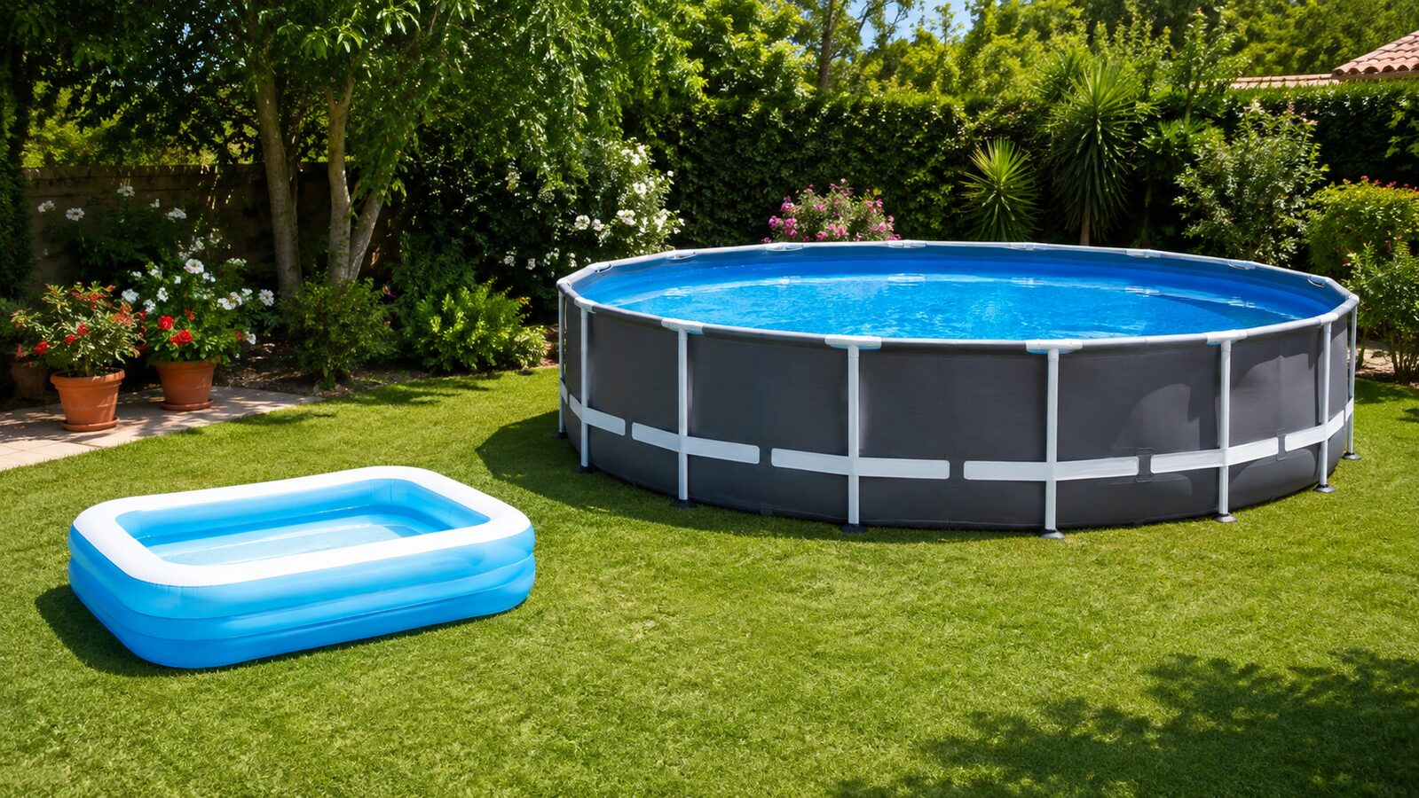 Piscina infantil pequeña y piscina familiar desmontable en un jardín