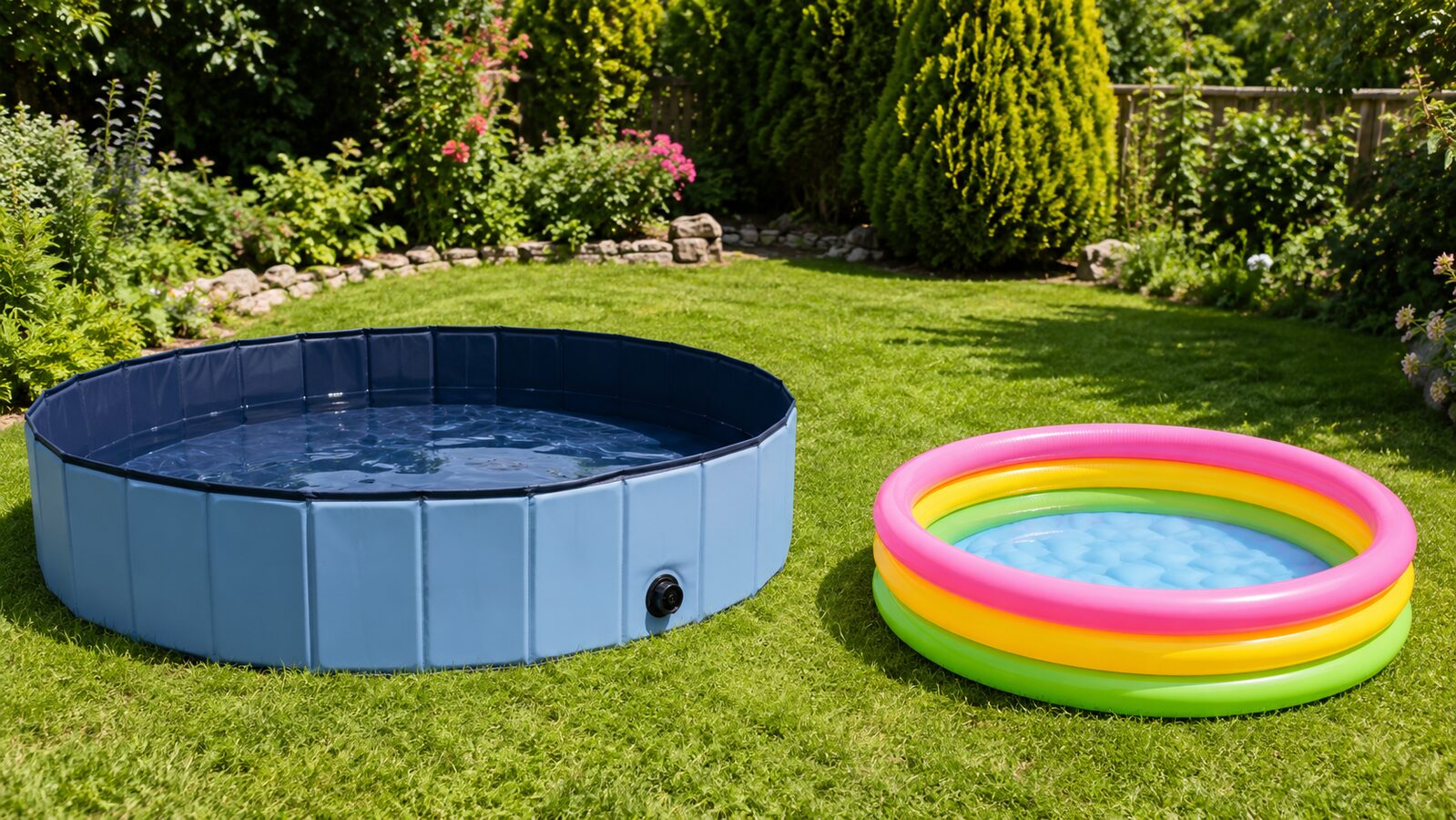 Piscina plegable para perros y piscina hinchable infantil en un jardín