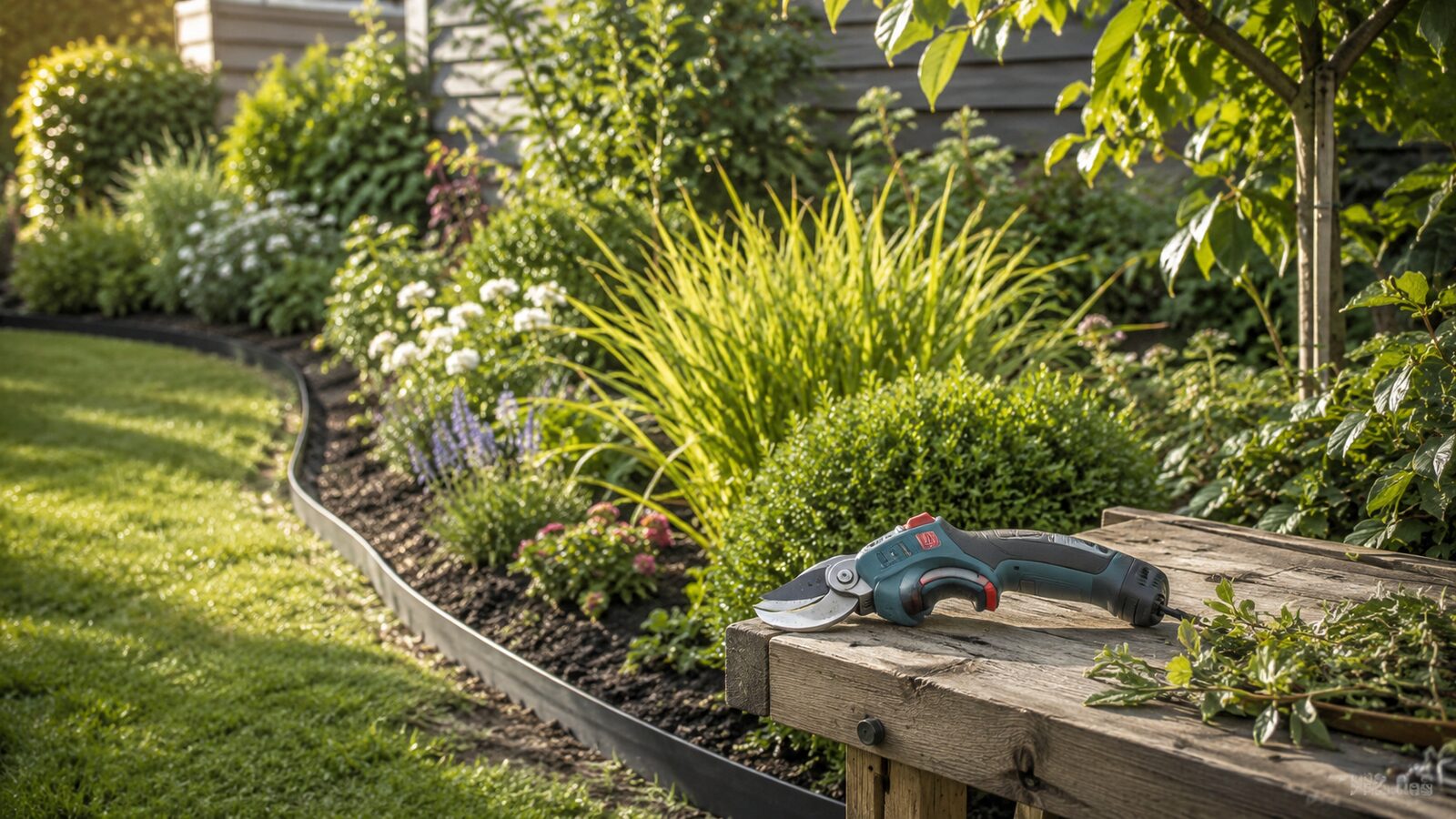 Jardín ordenado con bordura en un parterre y tijeras eléctricas de poda
