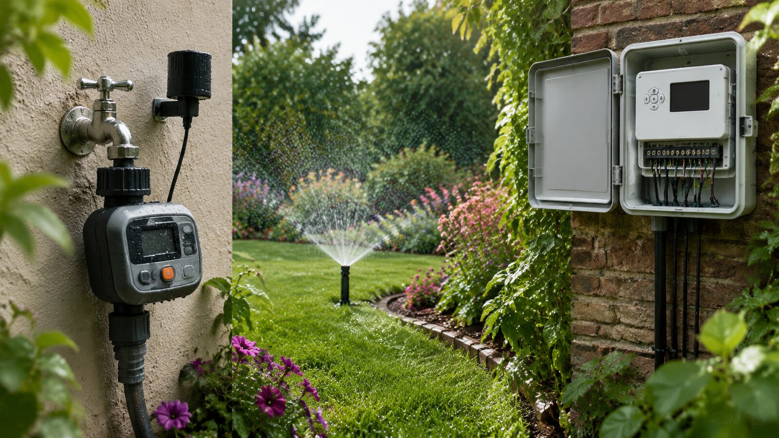 Programador de riego en grifo y controlador WiFi multizona instalados en un jardín