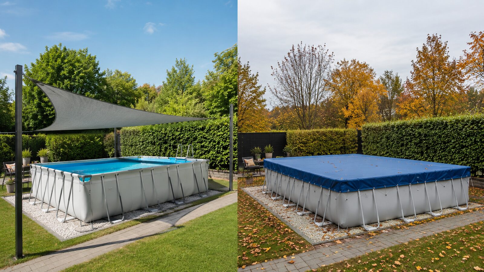 Proteger piscina del sol con toldo y de la suciedad con cobertor
