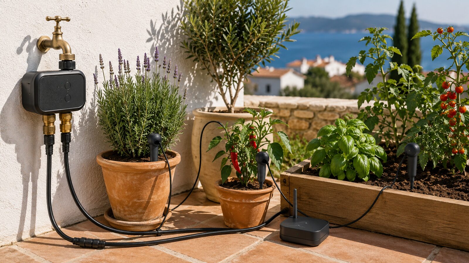 Sistema para regar plantas en vacaciones con programador y sensores de humedad
