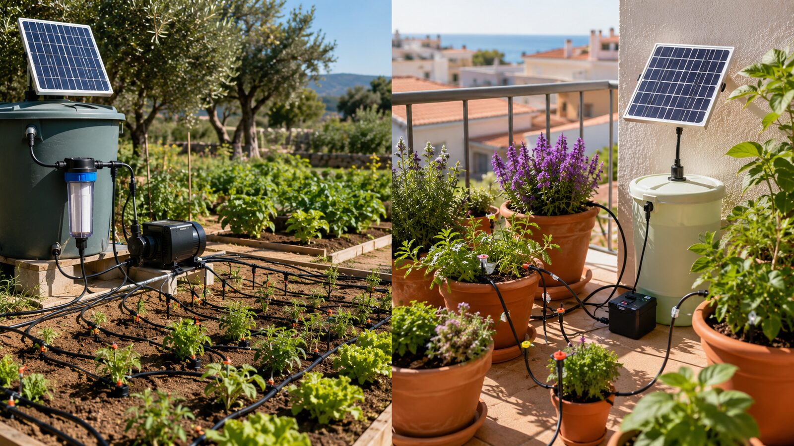 Dos kits de riego solar para plantas de jardín y macetas