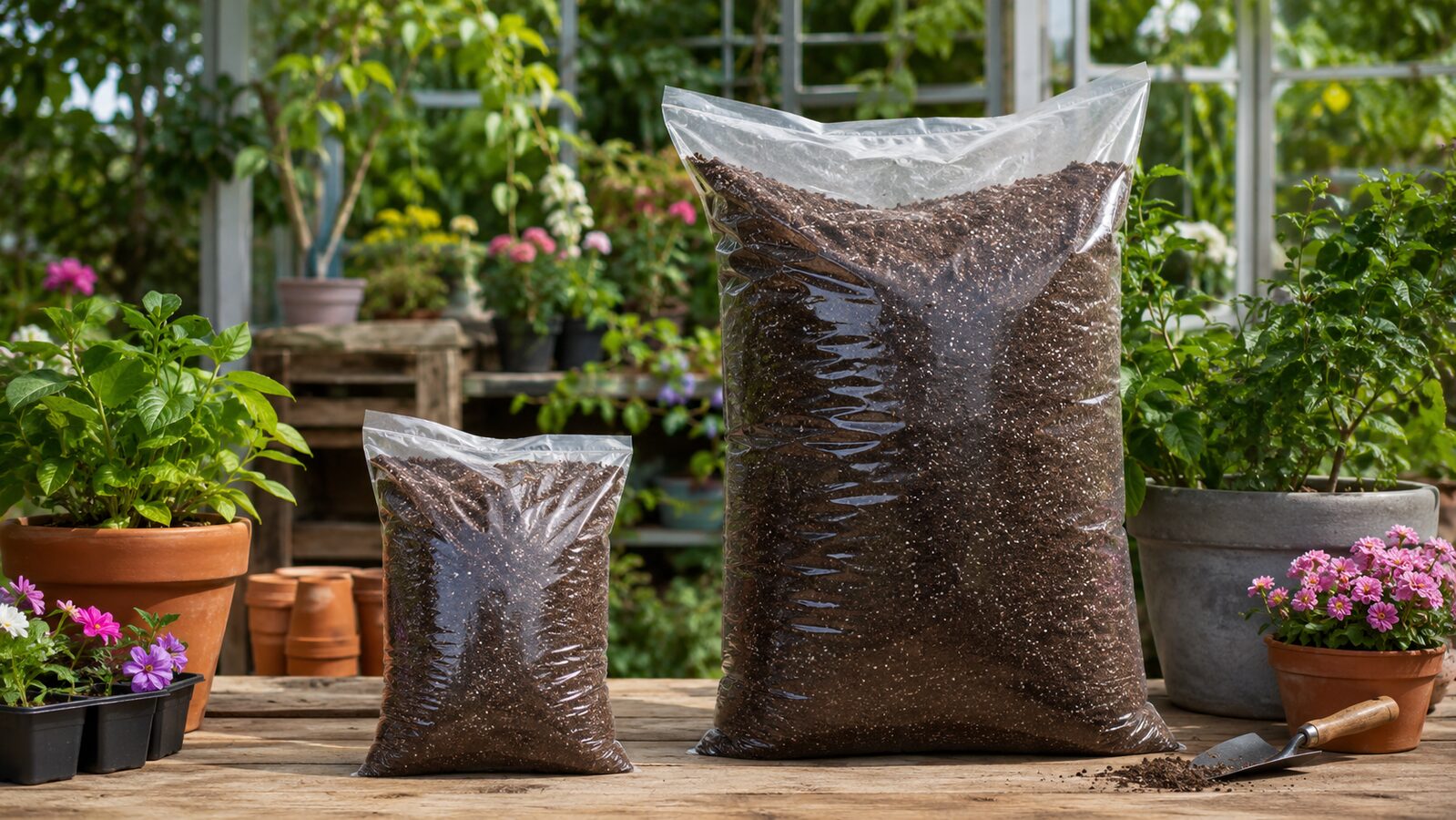 Sacos de sustrato universal de 10 y 50 litros junto a plantas