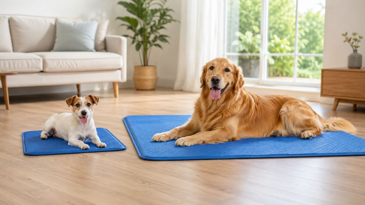 Perro pequeño y perro grande sobre alfombrillas refrigerantes de distinto tamaño