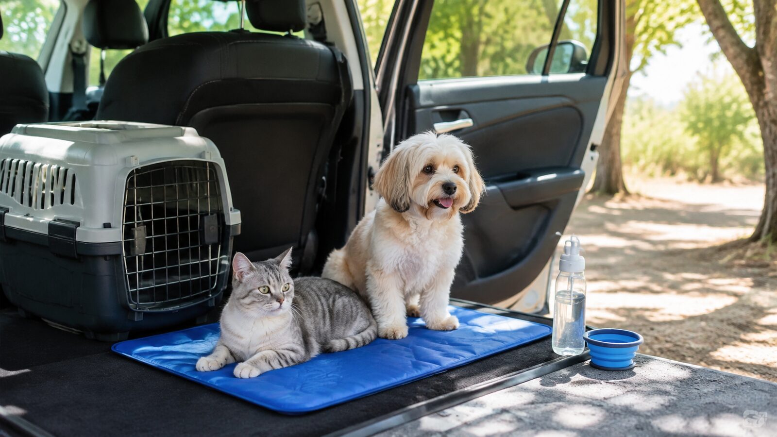 Perro y gato junto a un transportín y una alfombrilla refrigerante para viajar en verano